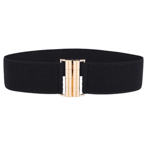 Women's black elastic waist belt with textured gold metal buckle for dresses