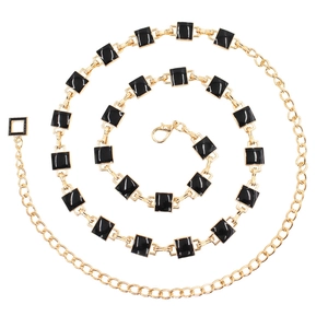 Elegant gold metal waist chain with black square charms for dresses and sweaters