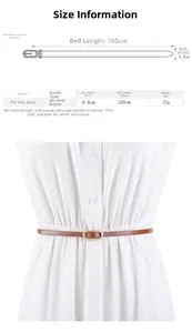 Size chart for slim 0.8cm PU leather belt with measurements and dress styling detail