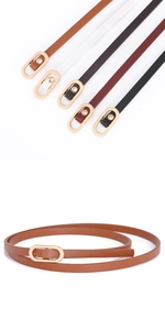 Close-up of five colorful thin leather belts featuring oval golden buckles for women