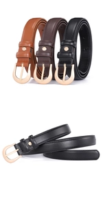 Détail de fines ceintures en cuir avec boucles en U dorées en noir et tons de marron