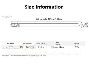 Size guide for 3.4cm wide rhinestone belt showing 105cm and 115cm length options