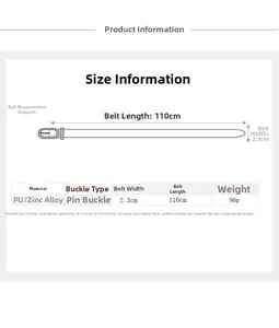 Tableau des tailles pour ceinture rétro en similicuir, largeur 2,3 cm et longueur 110 cm