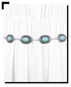 Detail of vintage silver waist chain featuring turquoise stones and intricate metalwork