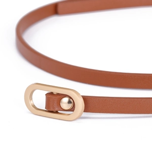 Minimalist brown leather belt with a golden oval buckle for dresses and jeans