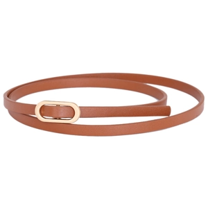 Minimalist brown slim belt for women featuring a polished gold oval buckle on white background