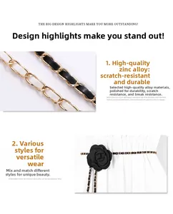 Detail view of camellia metal chain belt with woven leather strips and black rose ornament