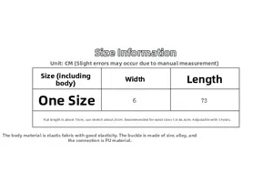 Size information chart for black wide elastic belt showing dimensions and stretch capacity
