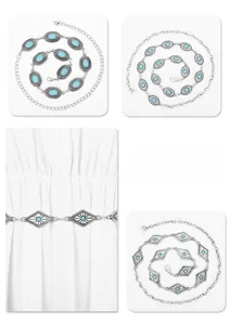 Detail view of bohemian silver metal waist chains with turquoise stone inlay for dresses