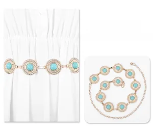 Ethnic gold metal chain belt featuring turquoise stones and adjustable lobster clasp