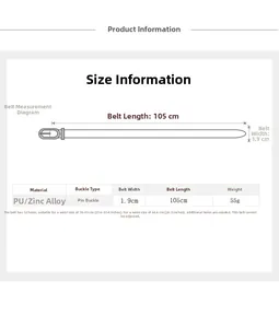 Guide des tailles de ceinture femme en PU 1.9cm montrant longueur 105cm et boucle