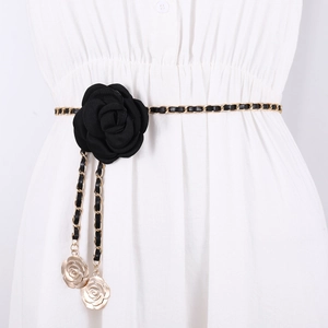 Elegant Camellia Flower Waist Chain Belt For Women Metal PU Leather Interwoven Link Decorative Belt Adjustable Dress Belt