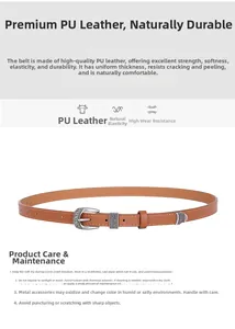 Detail of tan thin PU leather belt featuring vintage engraved silver buckle and metal tip
