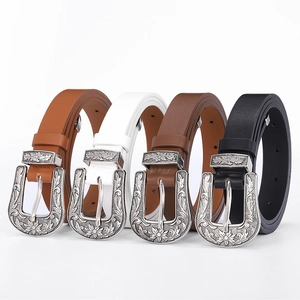 Ceinture en Cuir PU Vintage Pour Femmes Avec Boucle en Alliage Gravée de Fleurs Ensemble Trois Pièces Western Boho Rétro