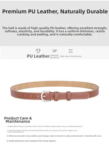 Détail de la ceinture en cuir PU marron avec surpiqûres blanches et boucle ardillon