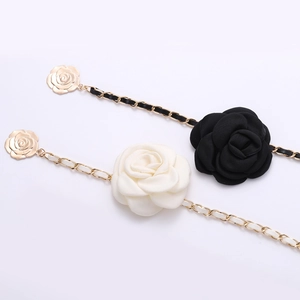 Elegant camellia metal waist chain with PU leather strap in black and cream white colors