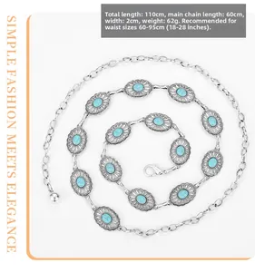 Detail view of vintage silver chain belt with turquoise blue beads and adjustable lobster clasp