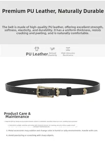 Close-up of black PU leather thin belt with vintage gold heart buckle and engraved details