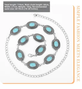 Close-up of bohemian silver waist chain with oval turquoise stones and lobster clasp