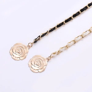 Elegant gold metal camellia chain belt with PU leather weaving in black and white