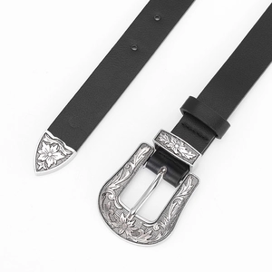 Ceinture vintage en cuir noir avec boucle argentée gravée et ensemble de trois pièces