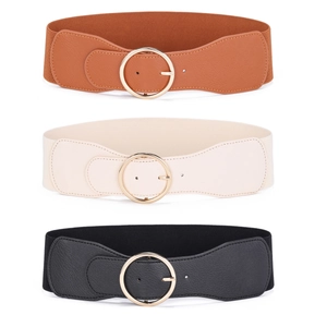 Women Wide Elastic Corset Belt Round Gold Metal Buckle Fashion PU Leather Stretch Waistband For Dresses Coats Jackets
