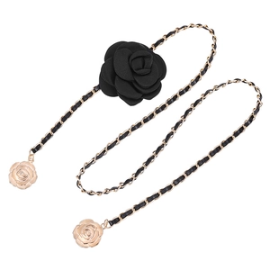 Elegant gold chain belt with black fabric camellia flower and PU leather weave