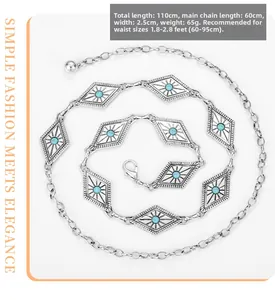 Detail of silver bohemian chain belt featuring turquoise inlays and 110cm total length