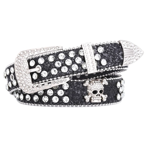 Black Y2K punk belt with sparkling rhinestones, silver glitter, and skull buckle