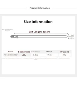 Tableau des tailles pour ceinture en cuir PU avec boucle ardillon et détails techniques