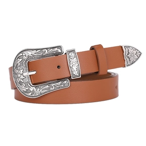 Ceinture vintage en cuir marron avec boucle sculptée argentée style western trois pièces