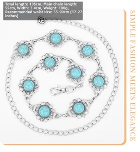 Detail view of vintage silver floral waist chain with turquoise stones, 105cm length