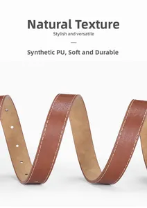 Gros plan d'une ceinture en cuir PU marron avec surpiqûres blanches et grain naturel