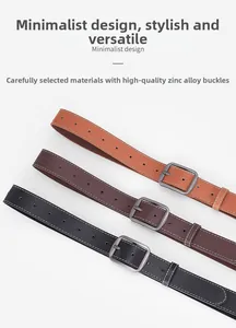 Detail view of stitched leather belts in black and brown with zinc alloy square buckles
