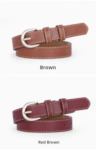 Vue détaillée des ceintures fines marron et marron rouge avec boucle argentée