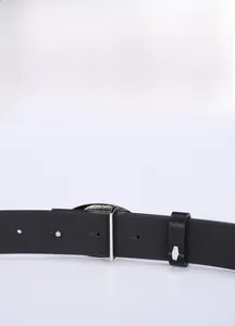 Close-up of black leather belt with silver metal loop and precise adjustment holes