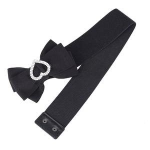 Ceinture élastique noire pour femme avec grand nœud et boucle en strass en forme de cœur