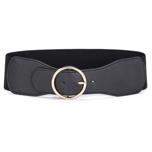 Wide black elastic waist belt with textured faux leather and a polished gold round buckle