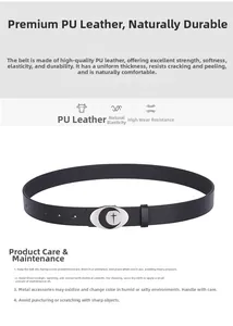 Detail of black PU leather belt with silver oval buckle featuring crescent moon and cross