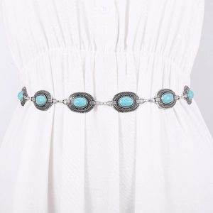 Bohemian Vintage Metal Waist Chain For Women Oval Round Turquoise Inlaid Adjustable Link Belt Retro Silver Gold Fashion Decorative Accessory