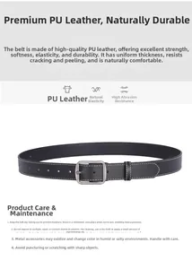 Detailed view of black PU leather belt with square buckle and durable stitching craftsmanship
