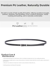 Detail of slim black PU leather belt with gold horseshoe buckle and adjustable holes