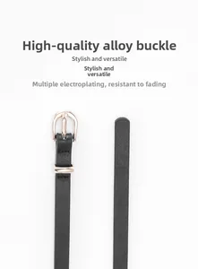 Detail of quality alloy buckle with anti-fade plating on slim black leather belt