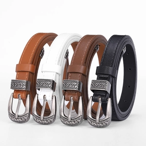 Women Vintage Carved Alloy Pin Buckle PU Leather Skinny Belt Bohemian Western Style Thin Waist Belt For Dresses Jeans
