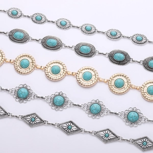 Five styles of vintage silver and gold metal waist chains with turquoise stones
