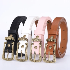 Women Retro Carved Pin Buckle Thin Belt PU Leather Three Piece Set Decorative Waist Belt For Jeans Casual Versatile Lady Belt