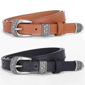 Three-piece set of retro women belts with carved silver buckles in black and brown leather