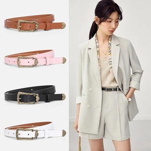 Vintage engraved metal buckle skinny belts for women in four colors with leather texture