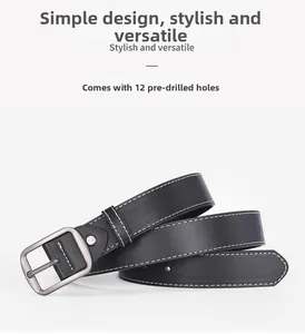 Detail of black leather belt featuring 12 pre-drilled holes and white contrast stitching