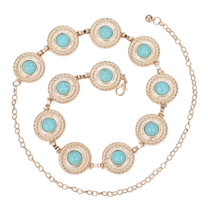 Bohemian gold metal waist chain with turquoise round medallions and adjustable lobster clasp